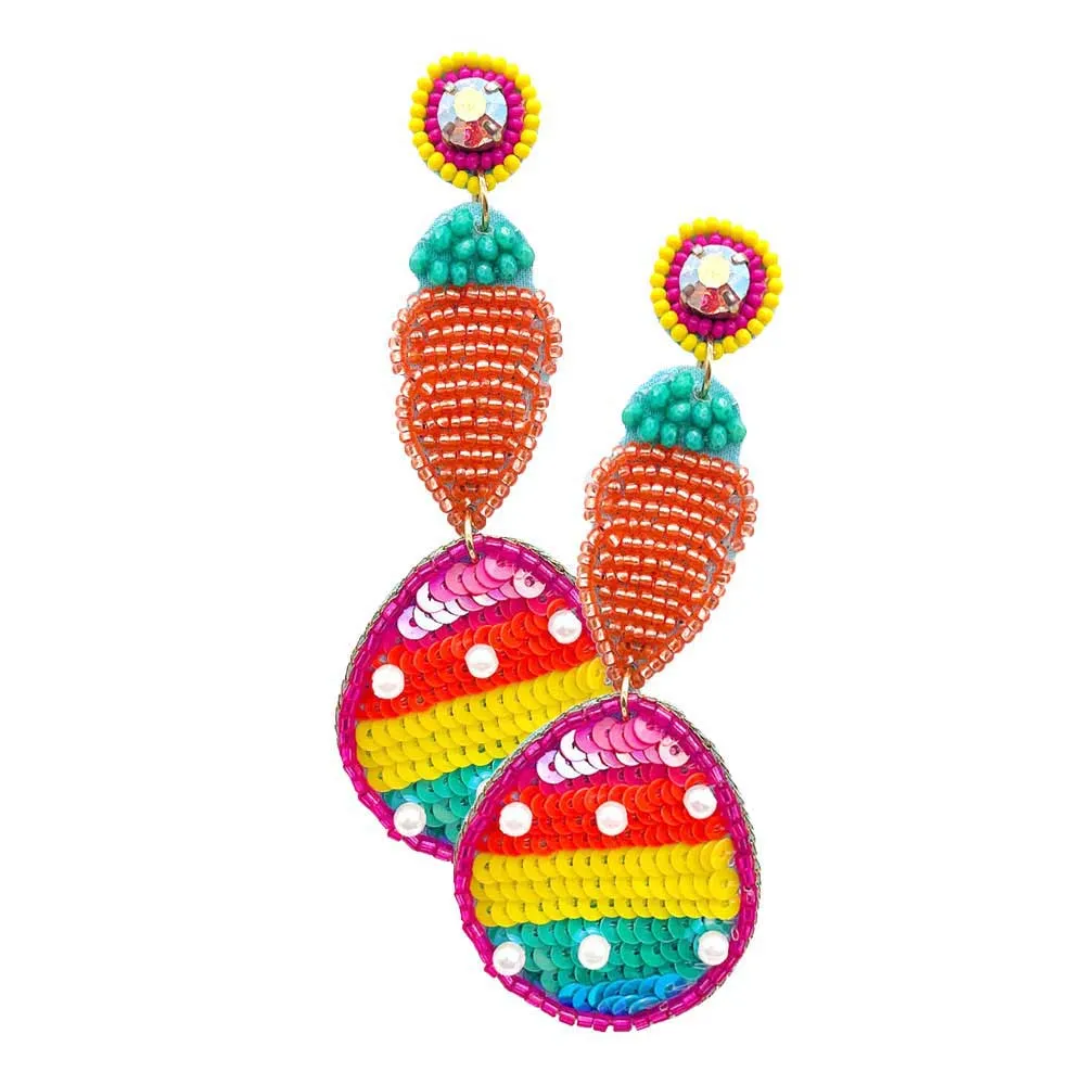 Felt Back Carrot Sequin Easter Egg Link Dangle Earrings