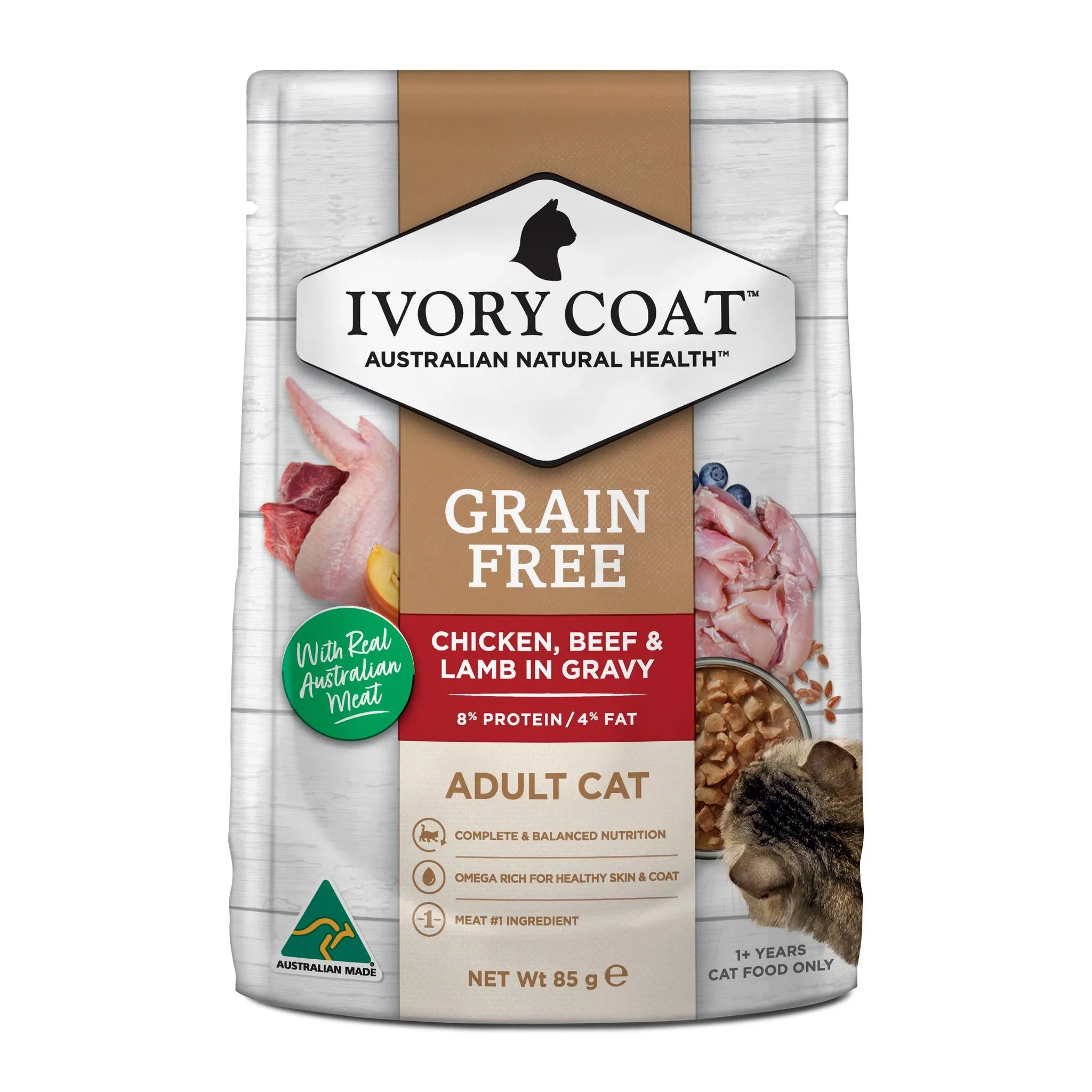 Ivory Coat Grain Free Adult Chicken Beef & Lamb in Gravy Cat Wet Food 85g x 12