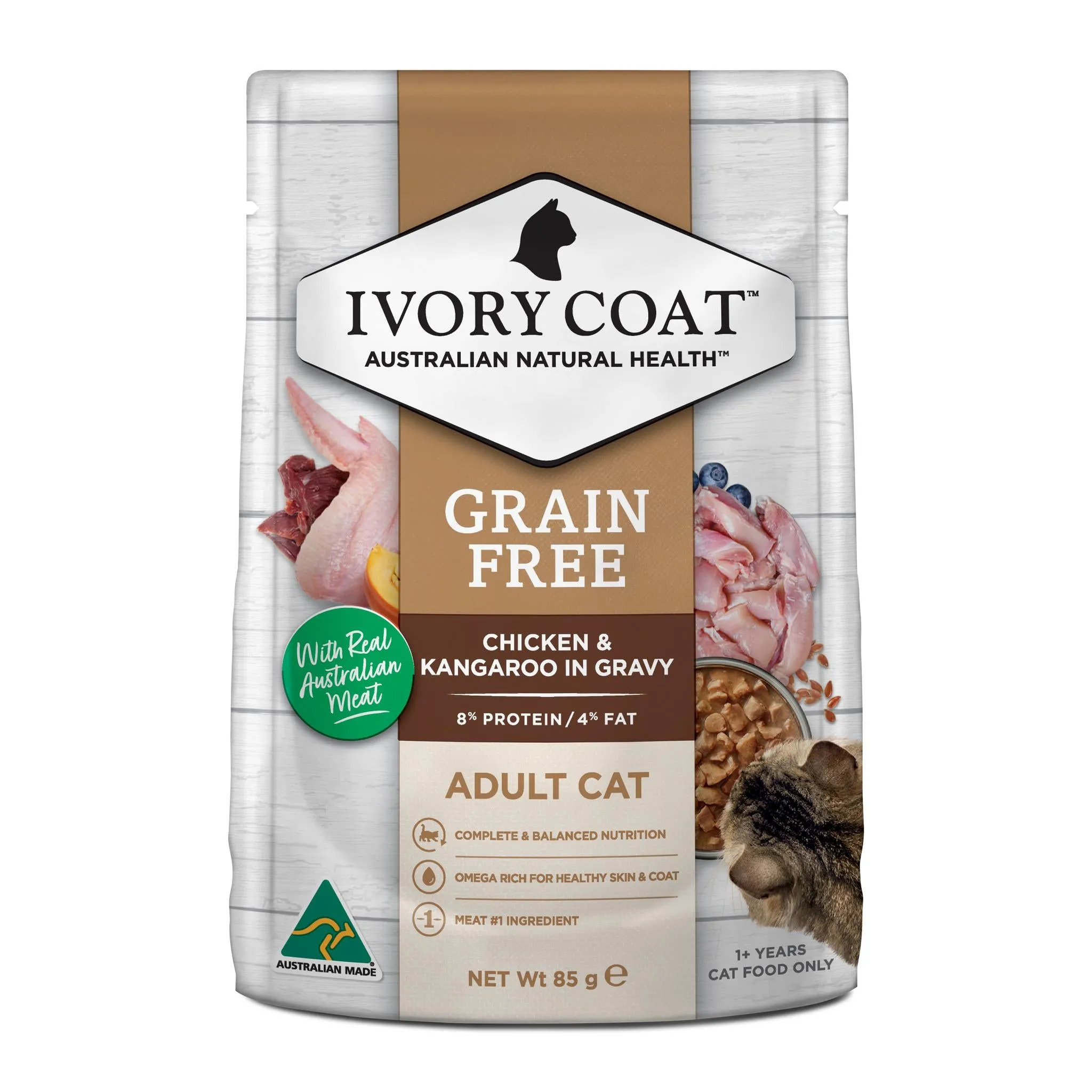 Ivory Coat Grain Free Adult Chicken Kangaroo Gravy Cat Wet Food 85g x 12