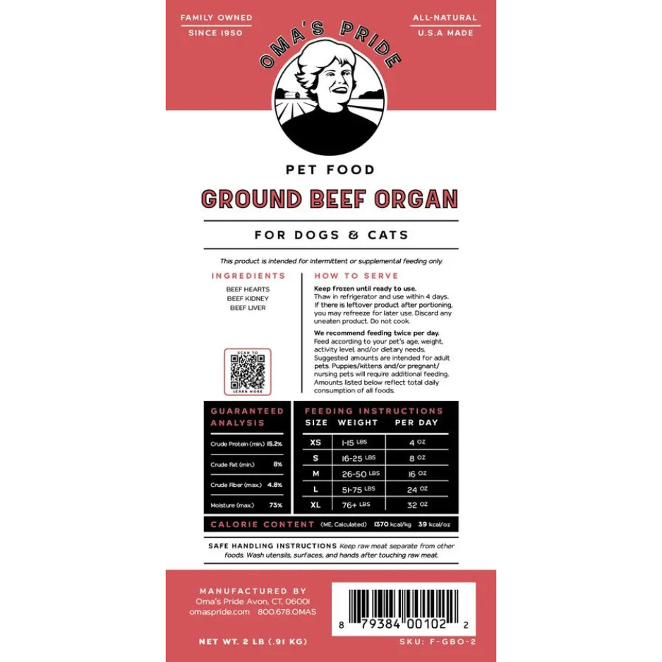 Oma's Pride Ground Beef Organ Raw Frozen Dog and Cat Food