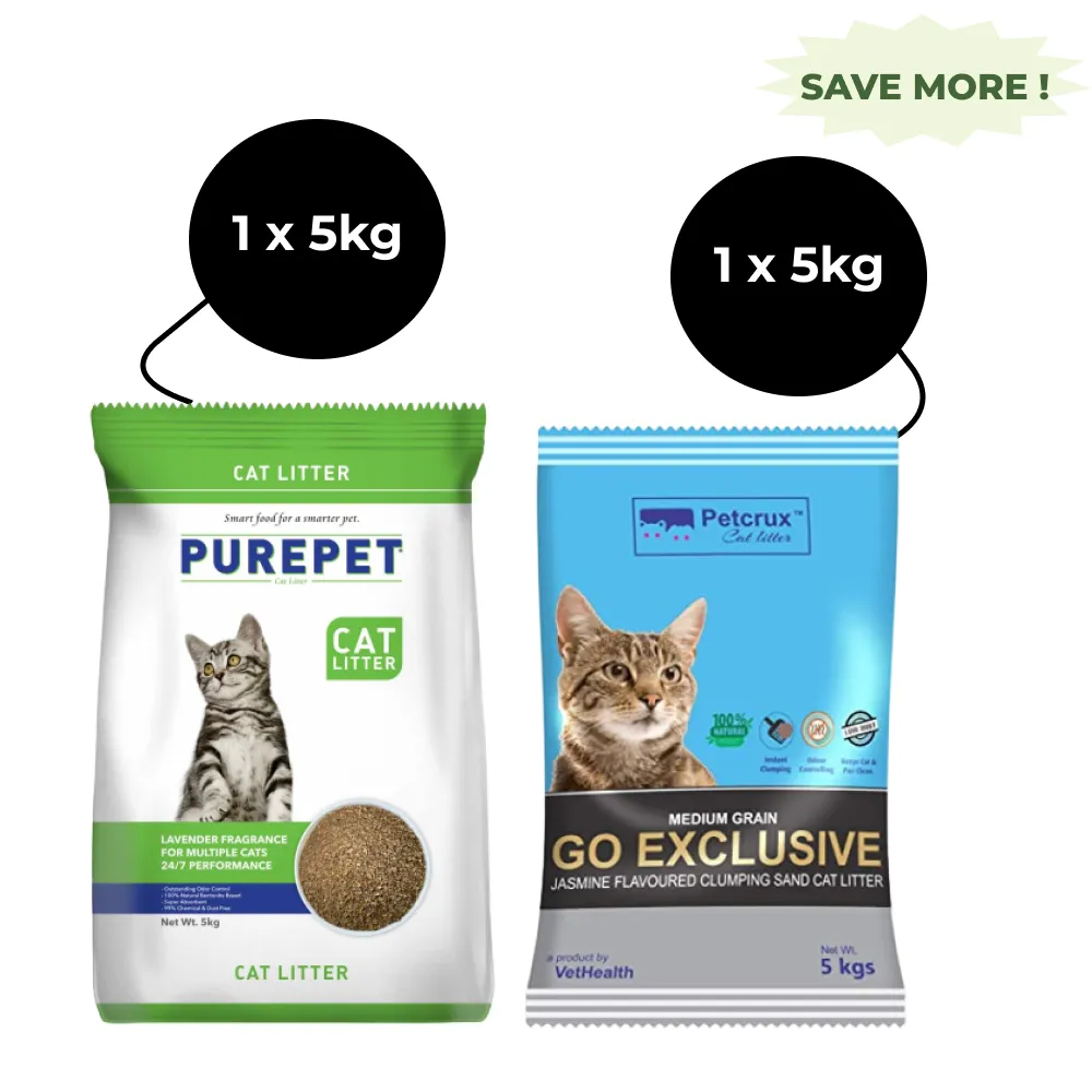 Purepet Lavender Scented Clumping Cat Litter and Petcrux Scoopable Montonite Jasmine Scented Cat Litter in Reusable Jute Bag (5kg   5kg)