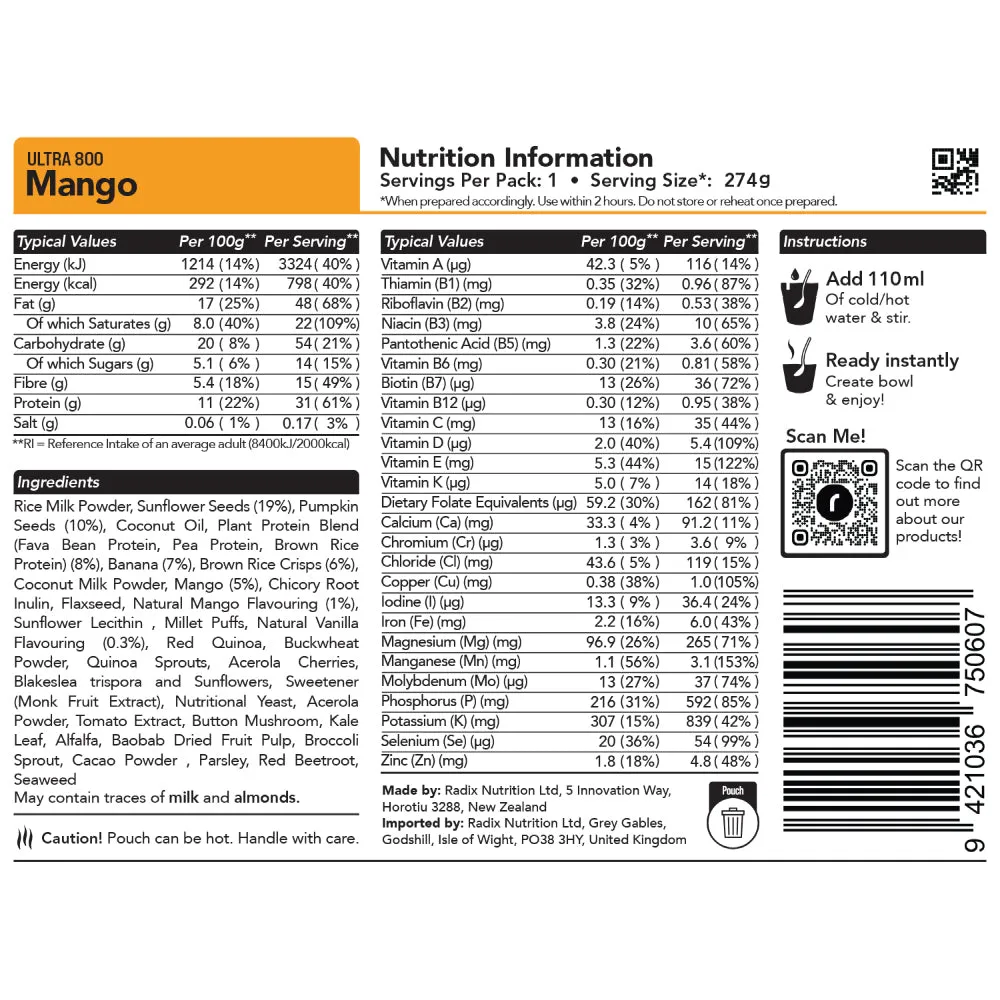 Radix Nutrition Ultra v9 Mango Breakfast Meal (164g) 800kcal