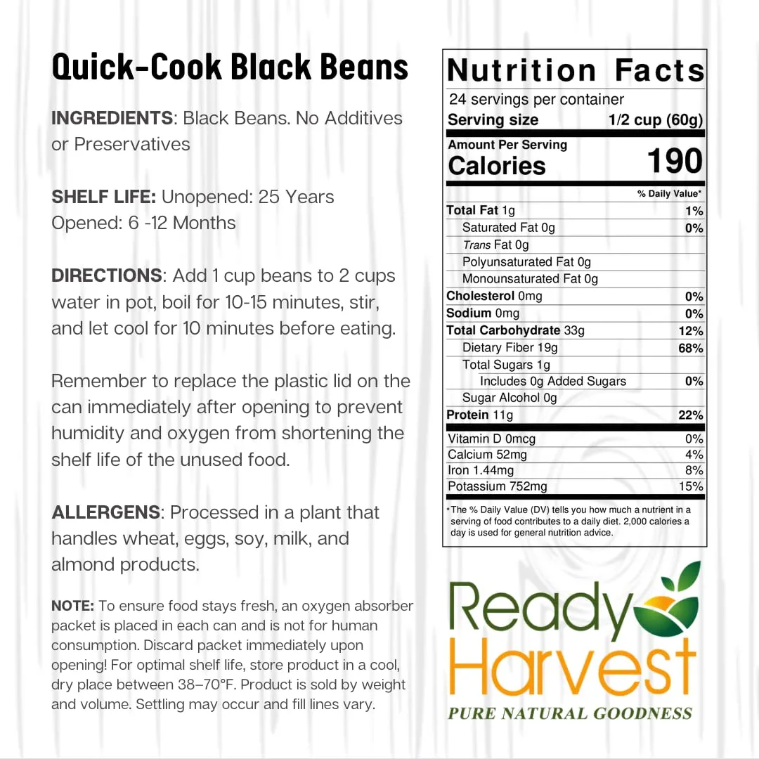 Ready Harvest Dehydrated Whole Food Black Beans - 25 Year Shelf Life - Six #10 Cans